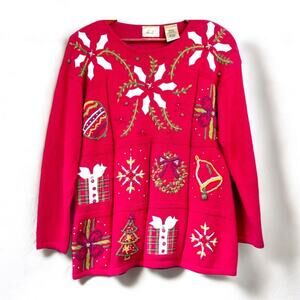 Vintage Kathie Lee Christmas Red Cotton Appliqué Pullover Sweater – Size M/L